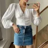 Solid Deep V-Neck Vintage Buttons Women Shirt Long Sleeve White Fashion Cropped Tops Female Office Lady T-Shirt Mujer Top 210521