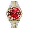 MISSFOX éternité 2643-3 Hip hop mode hommes montres CZ diamant incrustation rouge cadran romain mouvement à quartz hommes montre glacé diamants boîtier en alliage deux tons or bracelet argent