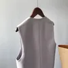 Kadın Bahar Varış Katı Rahat V Yaka Cep Orta Uzun Yelek Ofis Bayan Basitlik Kolsuz Takım Elbise Ceket 210430