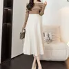 Autumn Winter Women's Skirts Pu Leather Half-length Skirthigh-waist Mid-length A-line Skirt Elegant Splicing Women Clothing 211119