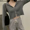 Kobiety Cardigan Fashion Sexy Z Długim Rękawem Z Kapturem Otwórz Front Zip-Up Ribbed Dzianiny Krótki sweter Slim Crop Top Wysoka Elastyczność Chic Y0825