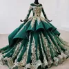 Роскошные платья Dubai Quinceanera темно -зеленый прозрачный высокий шею с длинными рукавами золоты