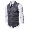 Herrvästar Ärmlös Jacka Män Plaid Slim Fit Vest Waistcoat Dubbelbröst Gilet Casual Business Suit Male Bröllopsklänning