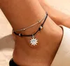 Bohemia Sun Pendant Beads Pulsera de Anklet para las mujeres Cuerda de doble capa Tobilleras en el verano Barefoot Beach Jewelry