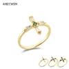 Andywen 925 Sterling Silver Clear Cross Luksusowy pierścień Biżuteria Drobne Klejnoty Ślubne Szczupły Rozmiar Kryształ Zielony Anillo Fino 210608