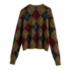 Vrouwen herfst vintage argyle vest truien v-hals lange mouw vrouwelijke casual wollen gebreide straat trui jassen kleding 210513