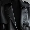 Lautaro Höst Long Oversized Black Faux Läder Trench Coat för Kvinnor Ärmbälte Dubbelbröst Löst Fashion 211119