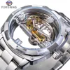 Forsining Homens Design Transparente Relógio Mecânico Automático Prata Quadrado Engrenagem Dourada Esqueleto Cintos de Aço Inoxidável Relógio Saati