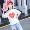 Teenager Girls Abbigliamento Cuore Tshirt + Denim Breve costume per i costumi Dot Estate TrackSuits Bambini 210528