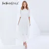 Printemps robe blanche pour femmes O cou à manches courtes taille haute élégante robes mi-longues femme mode vêtements Style 210520