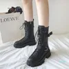 Boots Women's Zipper Lace-up Motorcycle Platform Shoes Mid-tube Spring And Autumn Punk Pu Leather