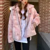 아마도 여성 회색 핑크 가짜 모피 자켓 Outwear 지퍼 따뜻한 두꺼운 넥타이 염료 세련 된 우아한 C0476 210529