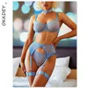 NXY sexy set3-piece Set Sous-vêtements en dentelle Soutien-gorge bleu Ensembles brefs Lingerie sensuelle Femme Jarretières transparentes Culotte sans couture pour femmes Sexy Érotique 1129