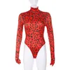 Vintage Red Leopard Print Turtleneck Lange Mouw Skinny Bodysuit Met Glovers Herfst Sexy Party Clubwear Outfit Bodycon Body Top 210517