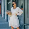 Casual Dresses Women Dress Elegant Short Mini Party Long Sleeve V Neck Se genom Net Yarn Sundress Solid Spring Autumn Vestidos