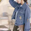 Dames Denim Blue Jacket Button Pocket Lange Mouwen Turn Collar Floral Embroidery C0160 210514