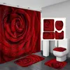 Rideaux de douche 4 pcs imprimer des fleurs de rose rideau étanche en polyester salle de bain rouge set tapis de bain # t2g