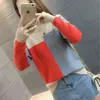 Women Color Block Pullover Sweater Autumn Winter Fashion Large Size Round Neck Knitted Tops Female Long Sleeve Jumper S-2XL 211120