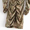 Été femmes imprimer robe plissée à manches longues col en v élasticité Mini Sexy crayon femme élégante rue vestidos 210513