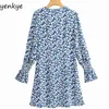 Женщины Blue Floral Print V шеи с длинным рукавом платье женское a-line мини праздник лето плюс размер коротким Vestido jwm355 210514