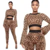 Trendig Chic Party och Club 2 Piece Outfits för Kvinnor Sätter Leopard Tryckt Flare Sleeve Crop Top Skinny Pencil Pants Byxor 210525