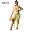 Echoine Sexy Two Piece Swimsuit Backlcrop Top Tassel Midi Dresses 2021 Kobiety Letnie Beachwear Clubwear Dopasowanie stroje X0709