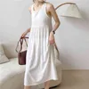 O-neck Sleeveless Pleated Long Dress Green Casual Backless Lace-Up Bow Strap Women Summer es Solid 10133 210508