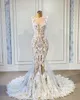 Sexy Sheer Neck Mermaid Wedding Dresses 2021 Luxury Lace Applique Bridal Gowns with Feathers vestido de fiesta321I