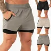 Erkekler 2 in 1 yaz spor şort pantolon koşu fitness spor salonu egzersiz cepleri alt 210716