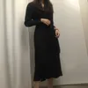 韓国のOLロングプリーツドレス女性エレガントなフルスリーブの襟ベルトラップヴェスディドMUJER MIDIビジネスシャツローブ210514