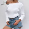 Jocoo jolee элегантные белые асимметричные пуловеры сексуальные косой шеи трикотажный свитер обрезанные вершины на один плечо вязаные перемычки 210518