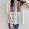 Kleur borduurwerk blouse vrouwen zomer ronde hals losse single breasted puff shirt shirt vrouw 5E38 210427