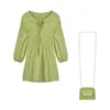ワンショルダーシャツドレス女性の夏のショートデザインニッチグリーン長袖210529