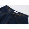 Breda ben denim byxor kvinnor knä längd retro streetwear raka mörkblå jeans kläder hajuku knappar design lösa rumpan 210515