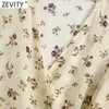 Zevity Femmes Élégant Croix Col En V Imprimé Floral En Mousseline De Soie Smock Blouse Femme Ourlet Noué Kimono Chemise Chic Blusas Tops LS9191 210603