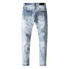 Men's Jeans Male Washed Water Blue Distressed Cashew Flower Stretch Slim Printed Small Feet High Street Men