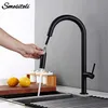 Brushed Chrome and Black Stainless Steel 360 degree rotation kitchen Pull Out Brass Faucet and cold water Sink taps 211108