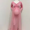 Maternity Tulle Długie sukienki do fotografii Shoot Baby Shower Cotton Sukienka Rozciągliwy Ciąża Fotografia Sukienka z Cape Długi pociąg Q0713