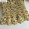 Zevity Women Vintage Square Collar Leopard Drukuj Elastyczne Smock Bluzka Kobieta Rękaw Puff Slim Koszula Chic Blusas Topy LS7646 210603