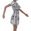 여름 여성 패션 체크 무늬 지퍼 반소매 탑 주름 미니 스커트 2 피스 세트 치마 세트 210521