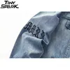 メンズデニムボンバージャケットリッピングホールヴィンテージゴシックレター刺繍ショートジャケットジーンズの苦しめられたストリートウェアヒップホップ2021 Y1106