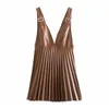 VUWWYV printemps Faux cuir plissé Mini robes pour femmes jupe chasuble sans manches bretelles réglables boucle en métal robe 210430