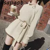 Sweaters&Jumpers Pullovers Full Turtleneck White Tops Lace Up Waist Knitted Jacket Thick Loose Retro Casual Elegant Knitwear 210610