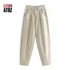 catonATOZ 2248 Khaki Female Cargo Pants High Waist Harem Loose Jeans Plus Size Trousers Woman Casual Streetwear Mom Jeans 210616