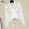 Feminino Primavera Estilo Francês Boneca Collar Ruffle Elegante Blusa Branco Camisa Lace Malha Costura de Manga Longa Chiffon Tops 13011 210521