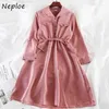 Newloe Hong Kong Style Nowa Jesień Zima Vintage Dress Sznurek Slim Talia Luźne Vestidos Fashion Koszula Sukienki Kobiety 1 G882 Y0726