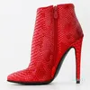 Stiefel Rote Schlangenleder-Korn-Knöchel für Frauen High Heels Spitzschuh Damen Sexy Reißverschluss Kurze Schuhe Große Größe