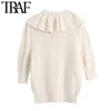Women Fashion With Faux Pearls Knitted Sweater Vintage Bow Tie O Neck Puff Sleeve Female Pullovers Chic Tops 210507