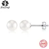 스터드 jiayiqi 정품 천연 담수 흰색 진주 6-8mm 이어링을위한 6-8mm 귀걸이 Real 925 스털링 실버 파인 보석 선물