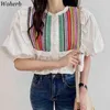 Elegancki Koronkowy Kwiat Haft Bluzka Kobiety Krótki Rękaw Boho Topy Lato Koreański Chic Blusas Koszula FEMME 210519